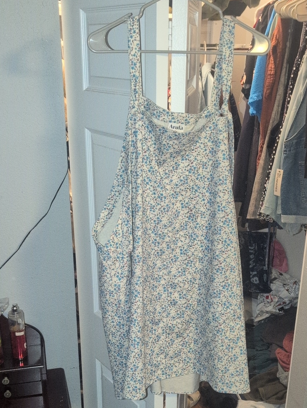 ARULA Light Blue and White Floral Pinafore Mini Dress